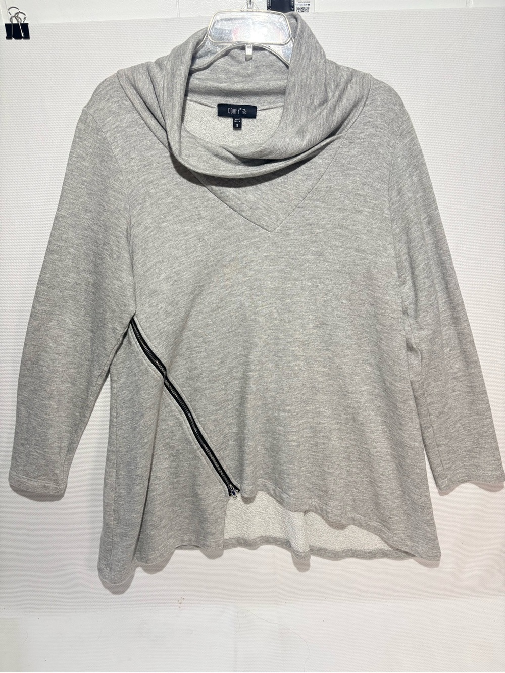 Comfy USA Light Gray Asymmetrical Cowl Sweater with Diagonal Zipper